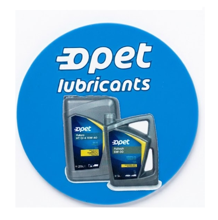 Mavi zeminli, "Opet lubricants" yazılı ve iki motor yağı bidonu görseli bulunan silikon bardak altlığı.